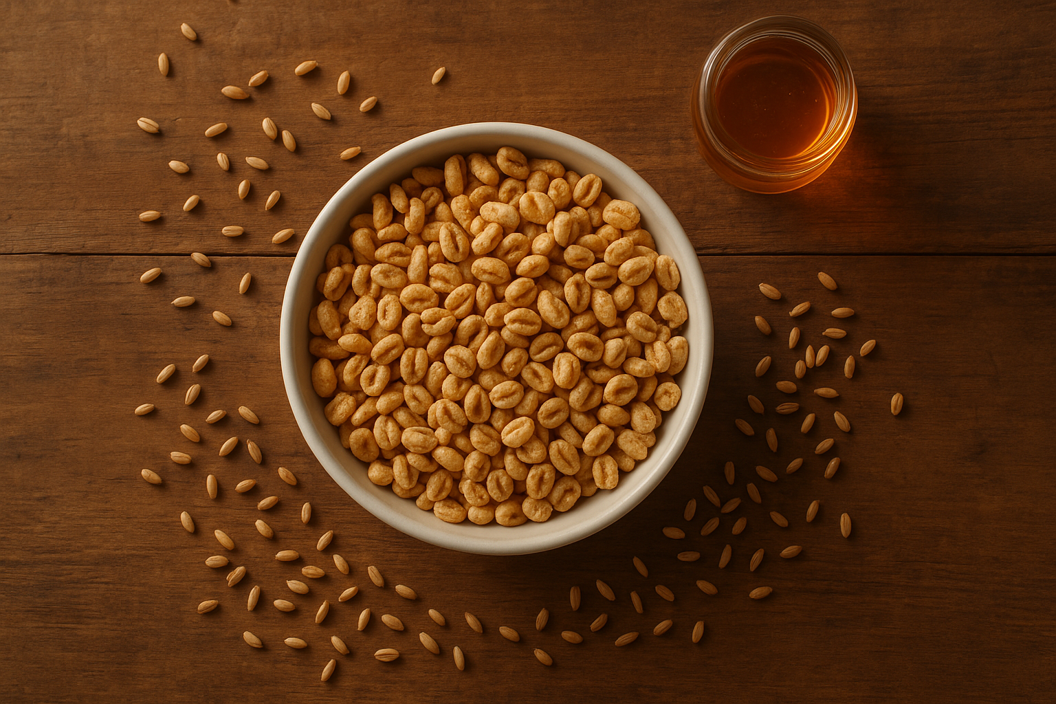 Bowl of no artificial ingredients cereal made with organic puffed whole grains and honey