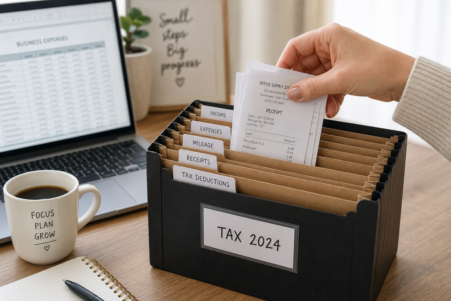 Small business owner organizing receipts to claim tax write-offs correctly