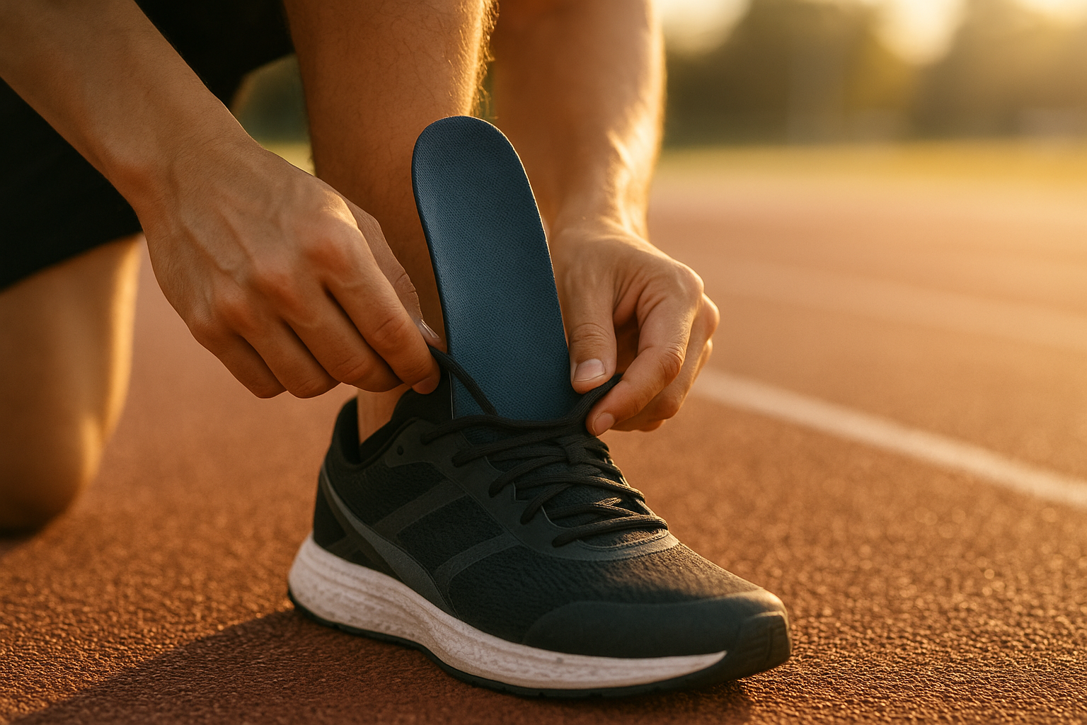 Runner lacing up shoes with best orthotic insoles for runners visible inside