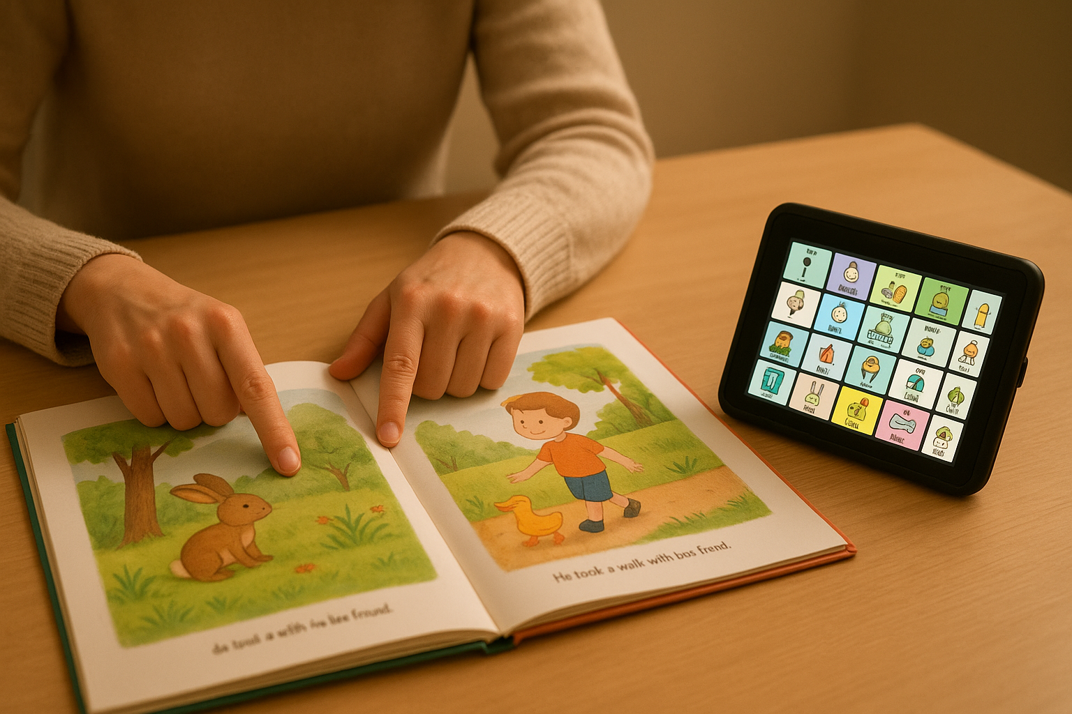 Speech pathologist pointing to core vocabulary in a storybook next to an AAC device