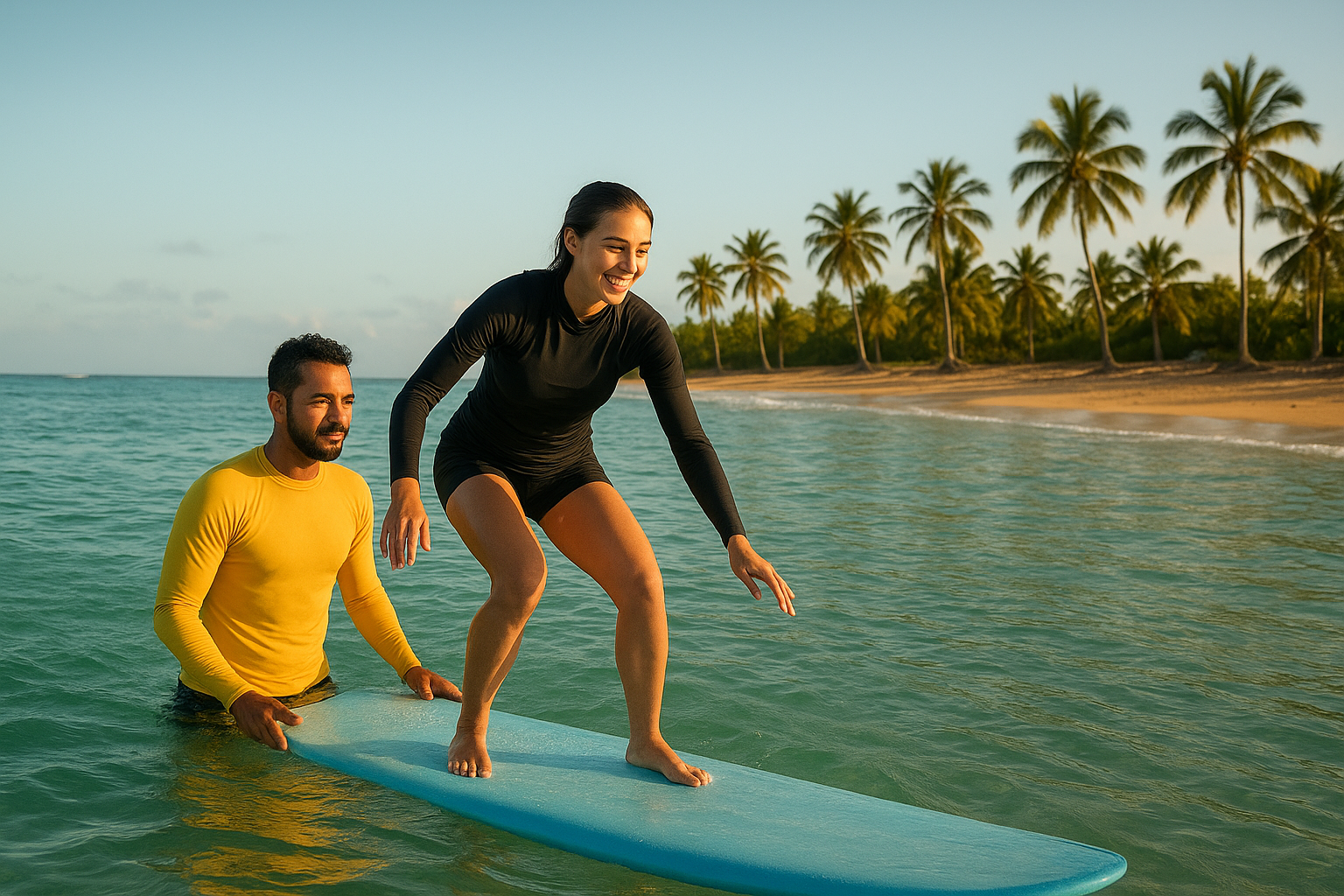 Surf instructor guiding a beginner student on a longboard during private surfing lessons at Waikiki Beach