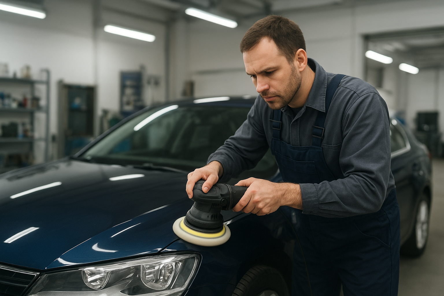 Professional auto body technician using an orbital polisher on a dark blue car hood during paint correction service