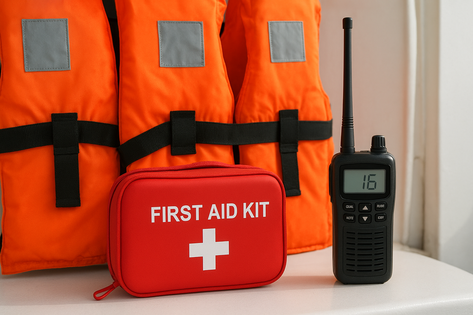Coast Guard required life vests, first aid kit, and marine radio aboard a North Myrtle Beach charter boat