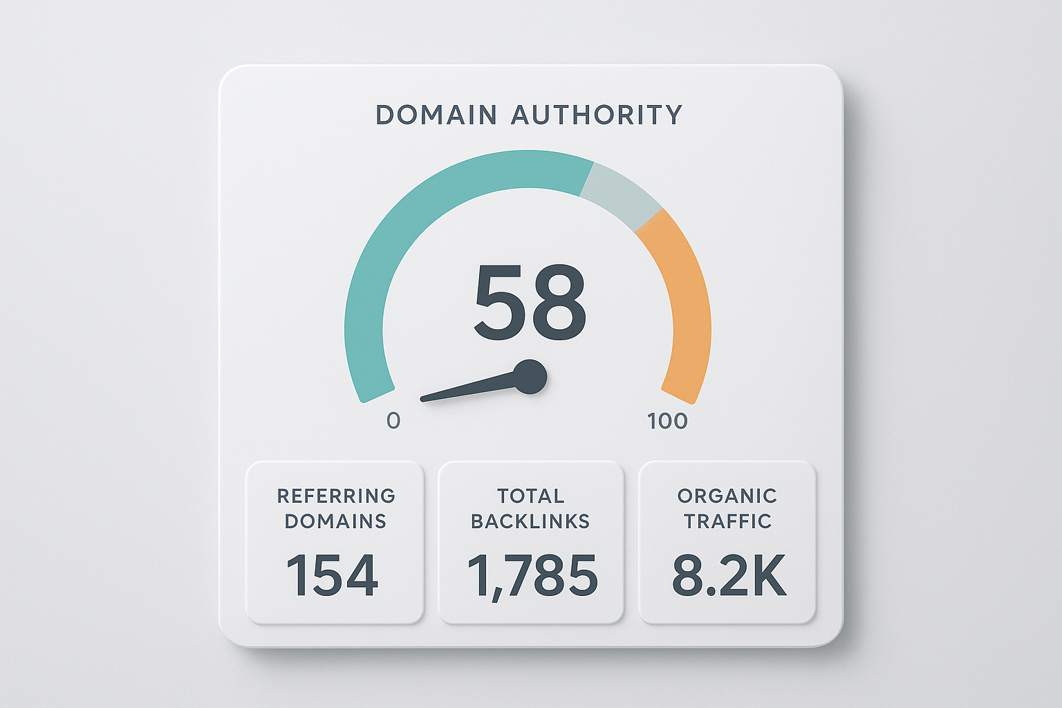 SEO.AI domain authority checker dashboard showing a score of 58 with backlink metrics