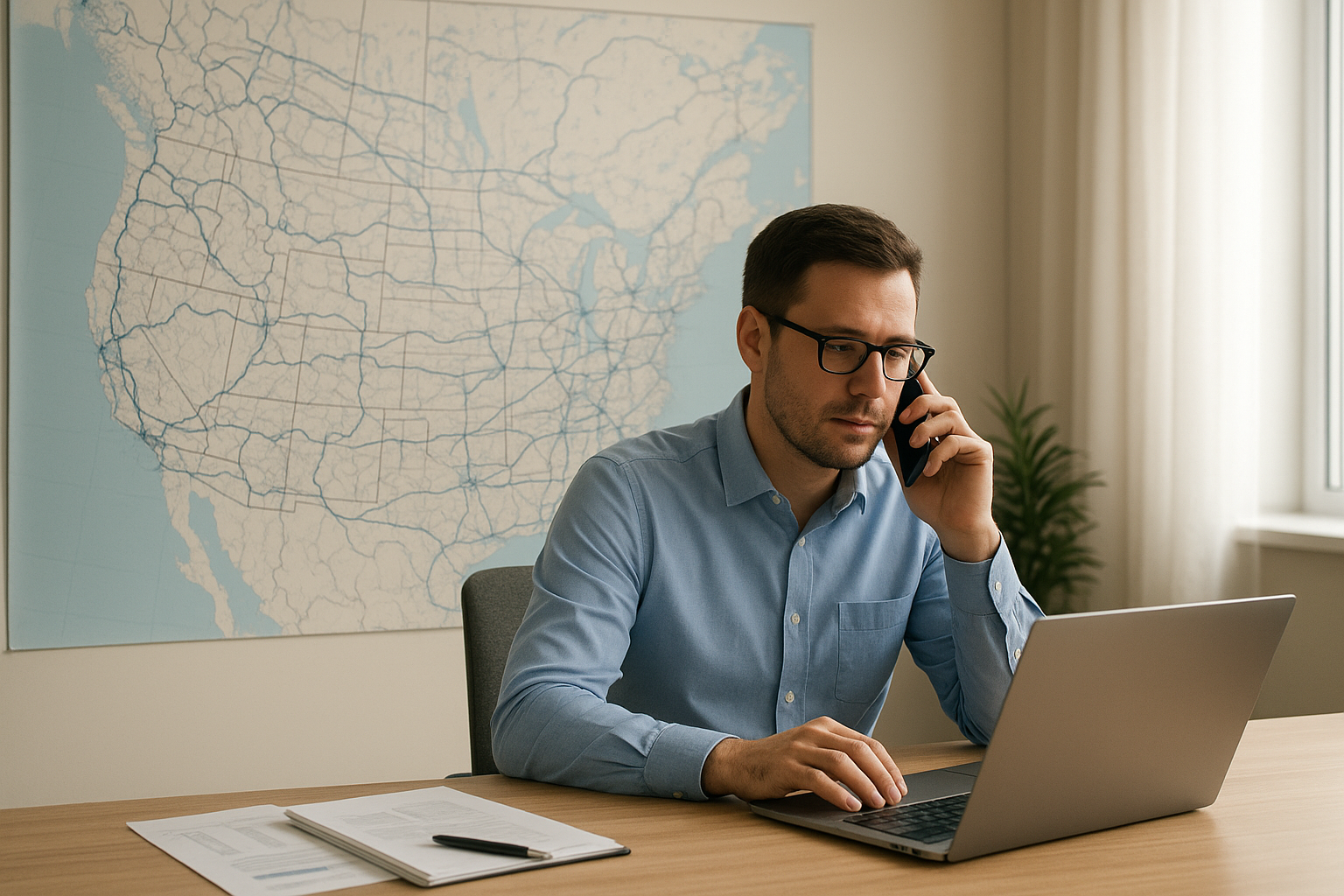 Freight broker coordinating a shipment between a shipper and carrier on a laptop