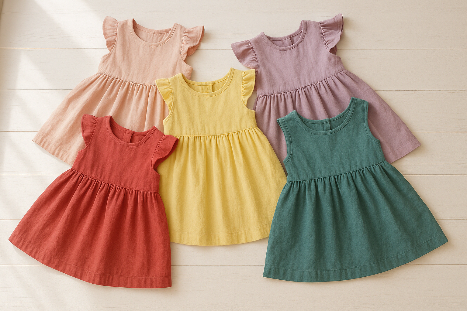 Colorful children's dresses laid out for flexible kids dress rental selection