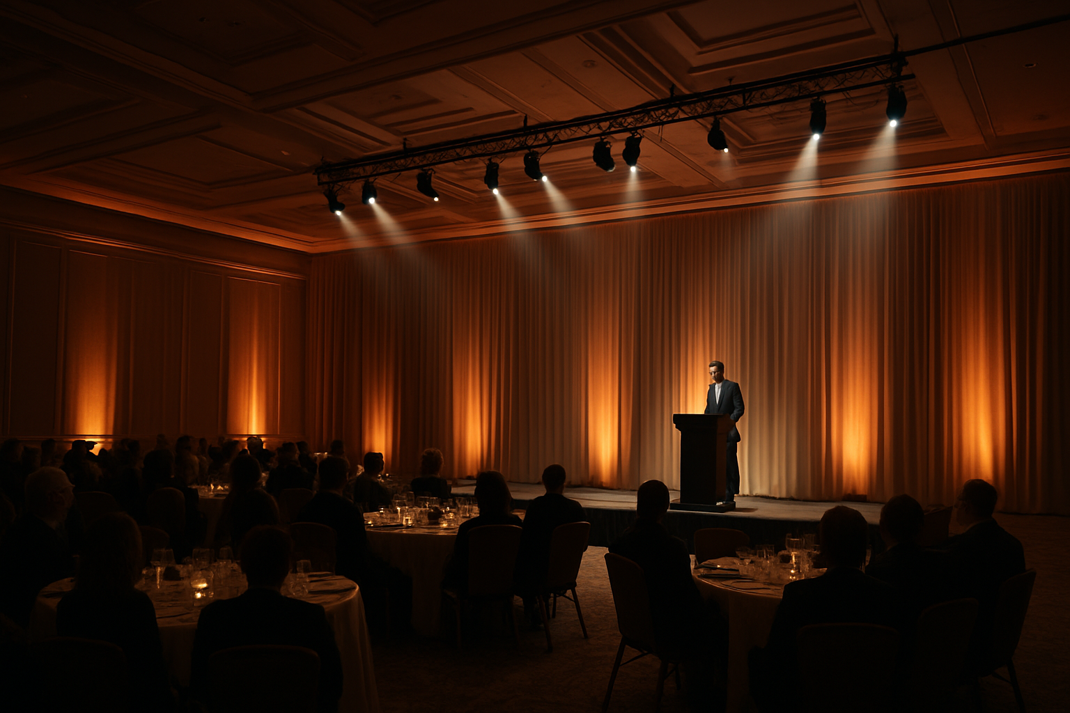 Corporate event stage lighting with warm amber uplights and clean white spotlights for a professional presentation