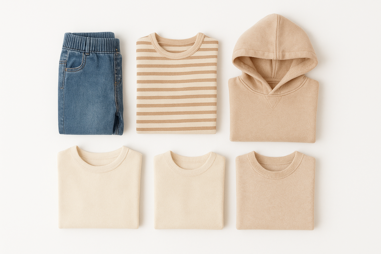 Neatly folded children's clothing items from a kids subscription service arranged on white background