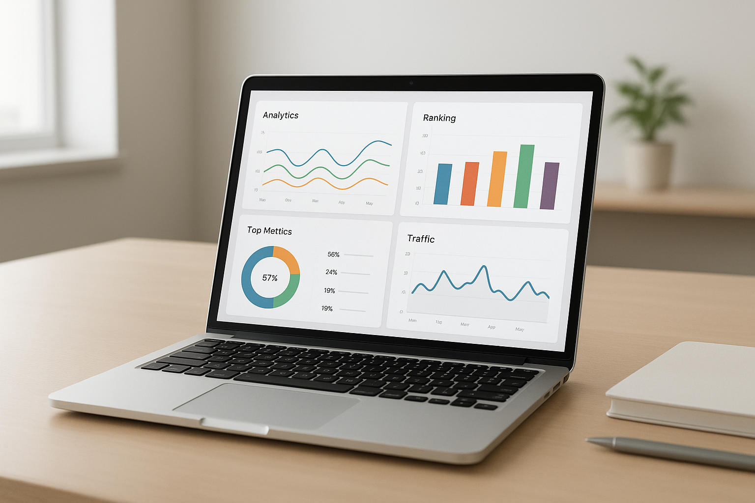 Laptop screen displaying automated performance metrics dashboard with SEO graphs