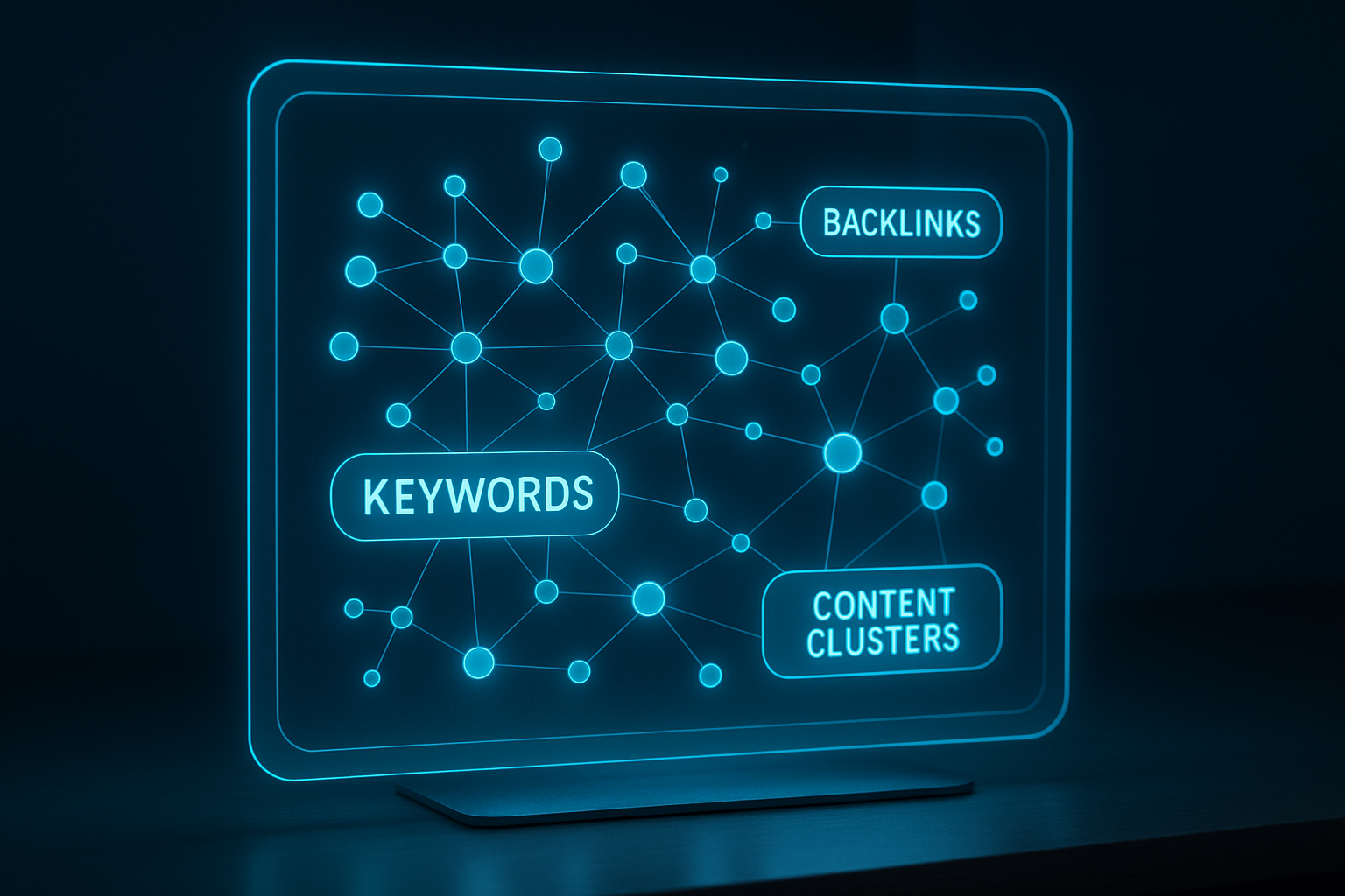 Futuristic holographic keyword network graph representing AI-powered modern SEO analysis and tool capabilities