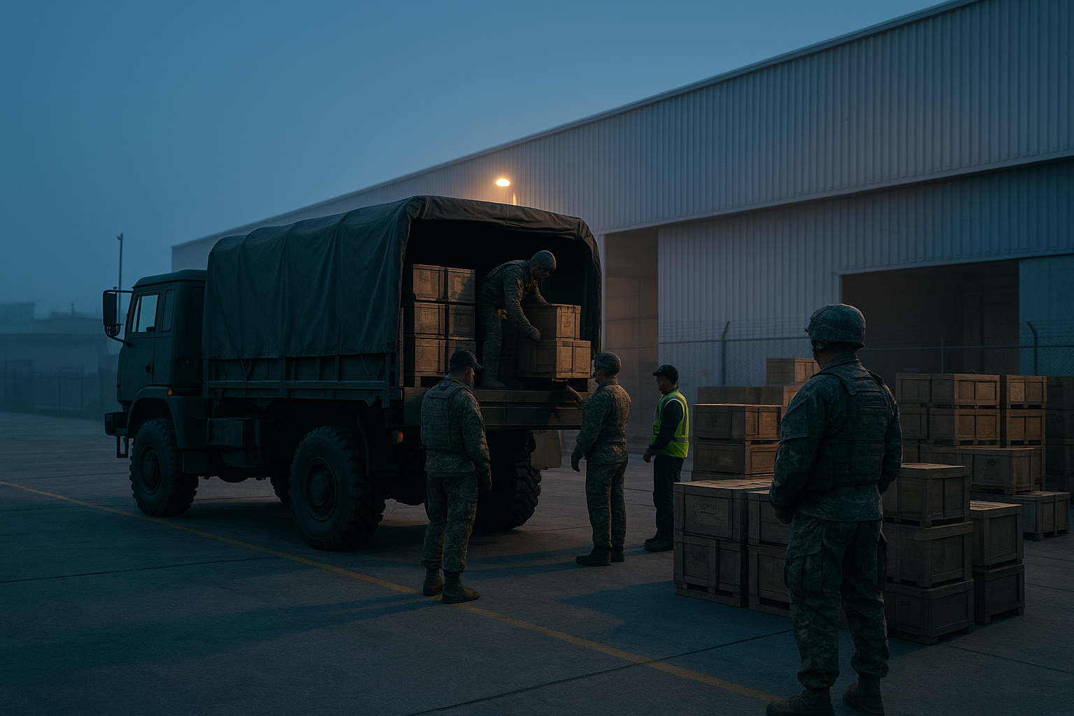 Military cargo truck loading freight as part of dod shipping operations