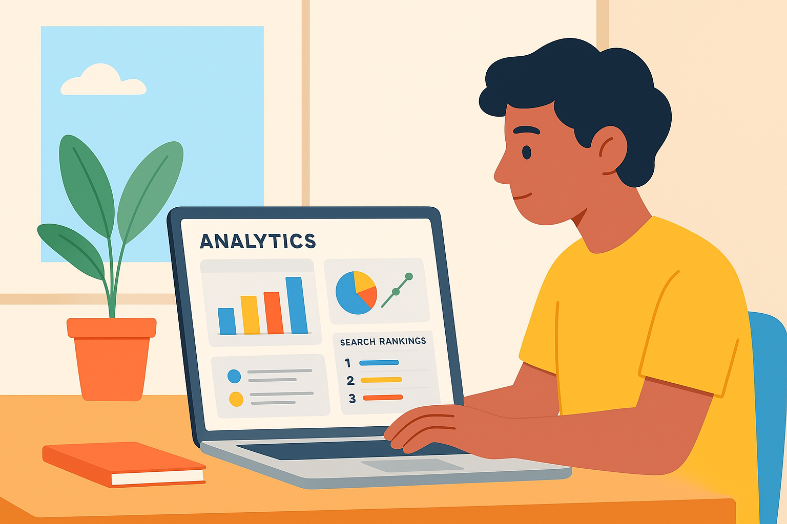 Small business owner reviewing a dashboard of AI content discoverability metrics on a laptop