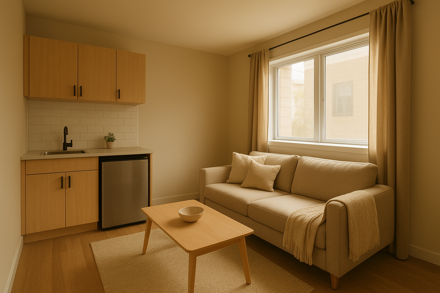 Compact kitchenette and living area inside a mother-in-law suite ADU