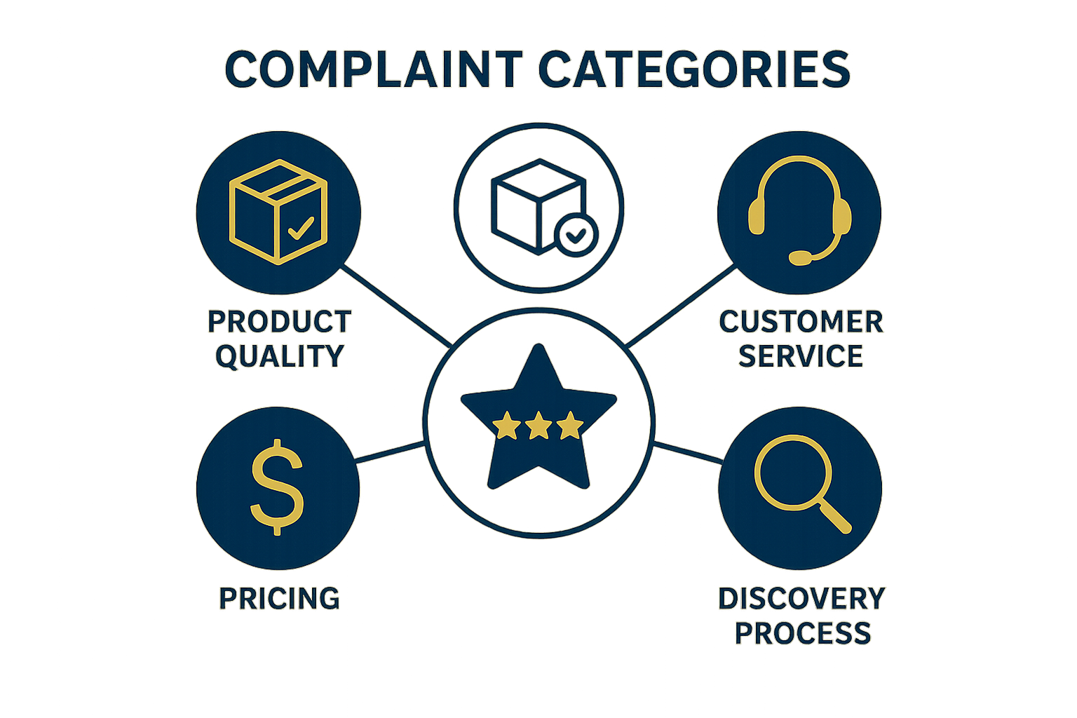 Five common customer complaint themes clustered around a star rating icon