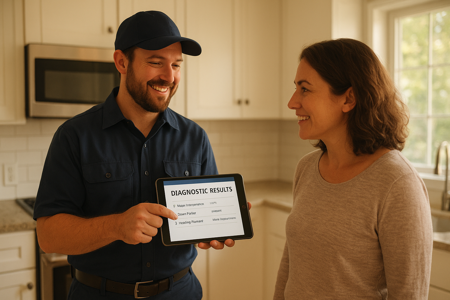 Appliance repair technician explaining diagnostic findings to a Santa Rosa homeowner in a kitchen