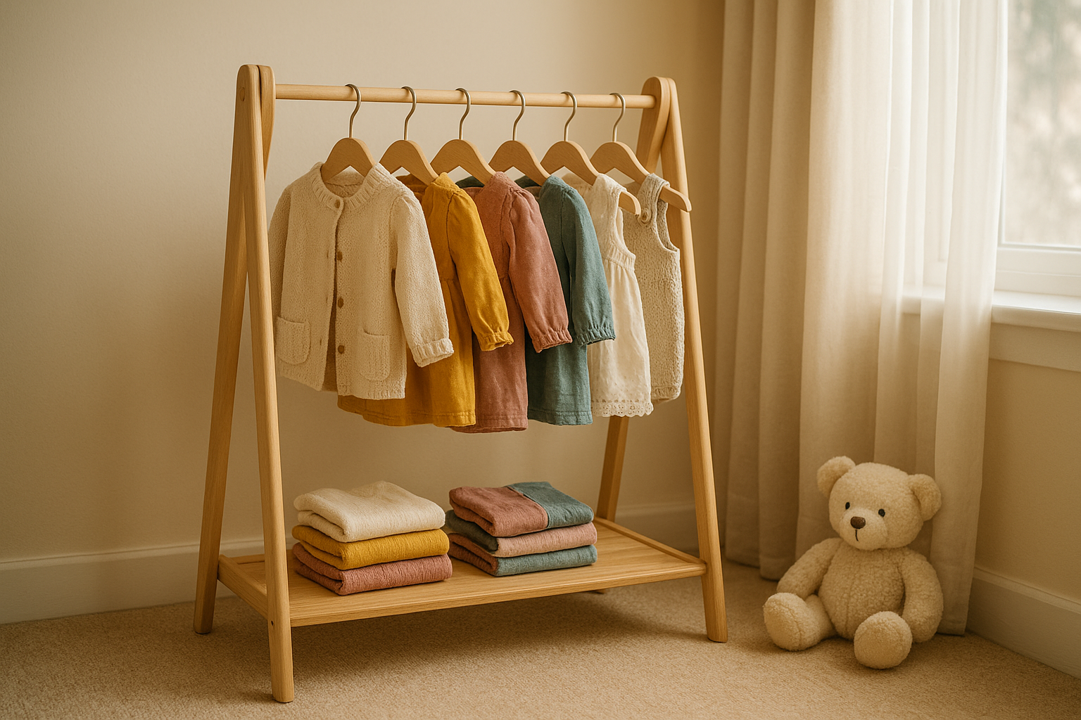 Curated children's clothing rack representing a custom kids outfit subscription