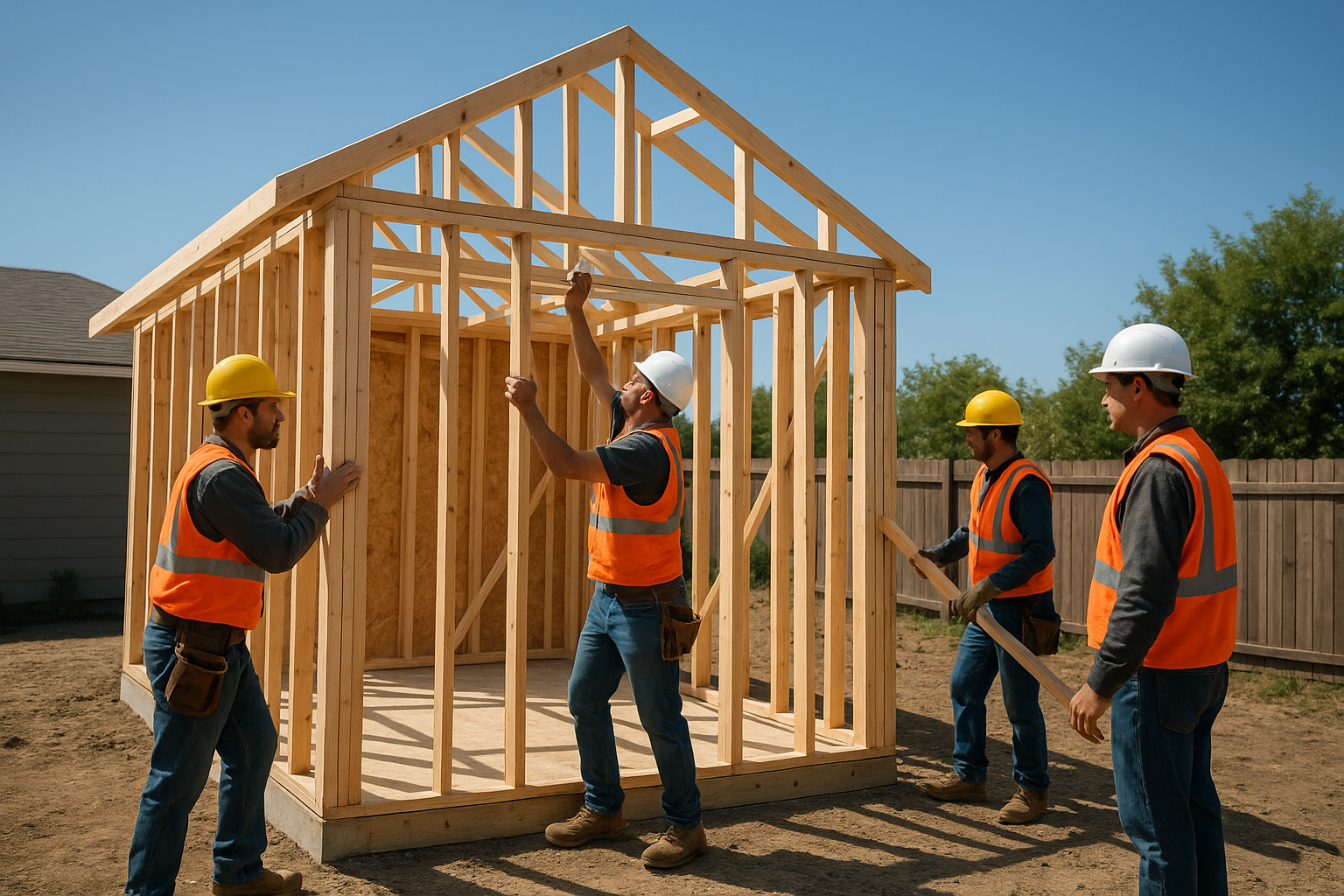 Construction crew framing an accessory dwelling unit funded through ADU financing in Orange County