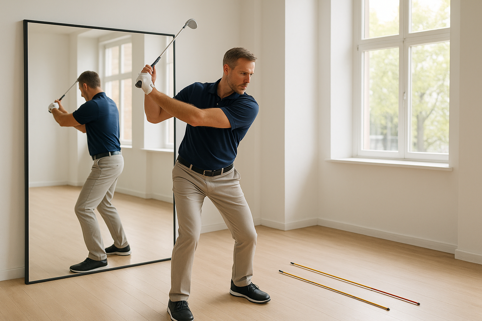 Coach demonstrating a mirror swing plane drill used to build golf swing accuracy
