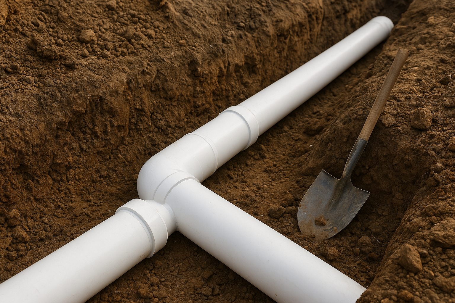 E63befeb_pvc-pipe-trench-installation New PVC pipe sections prepared for a sewer line replacement installation
