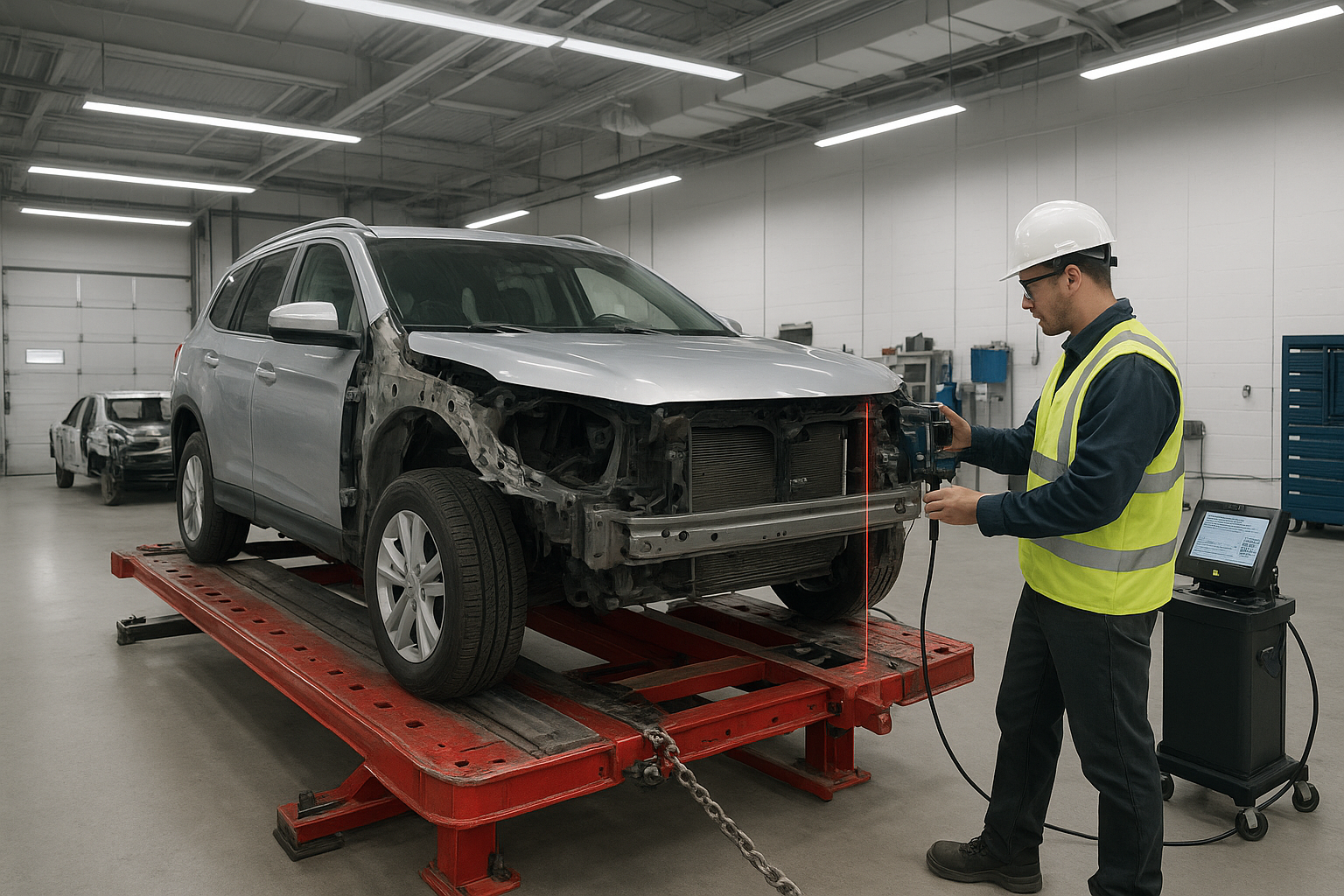 Technician using hydraulic equipment during Brea vehicle structural repairs on a car frame