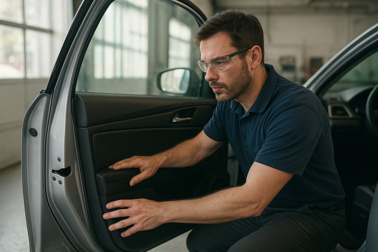 Brea certified auto technicians inspecting a vehicle panel in a collision repair shop