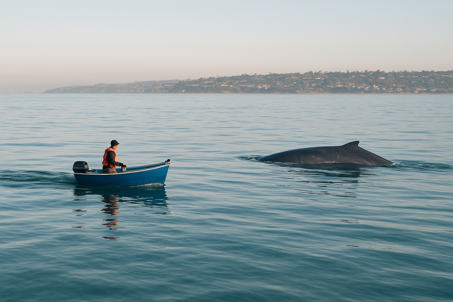 Small boat on a San Diego whale & dolphin watching adventure near a surfacing blue whale
