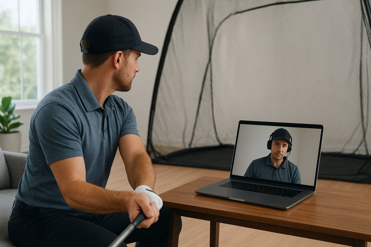 Golfer using a laptop for a remote elite golf instruction video review session