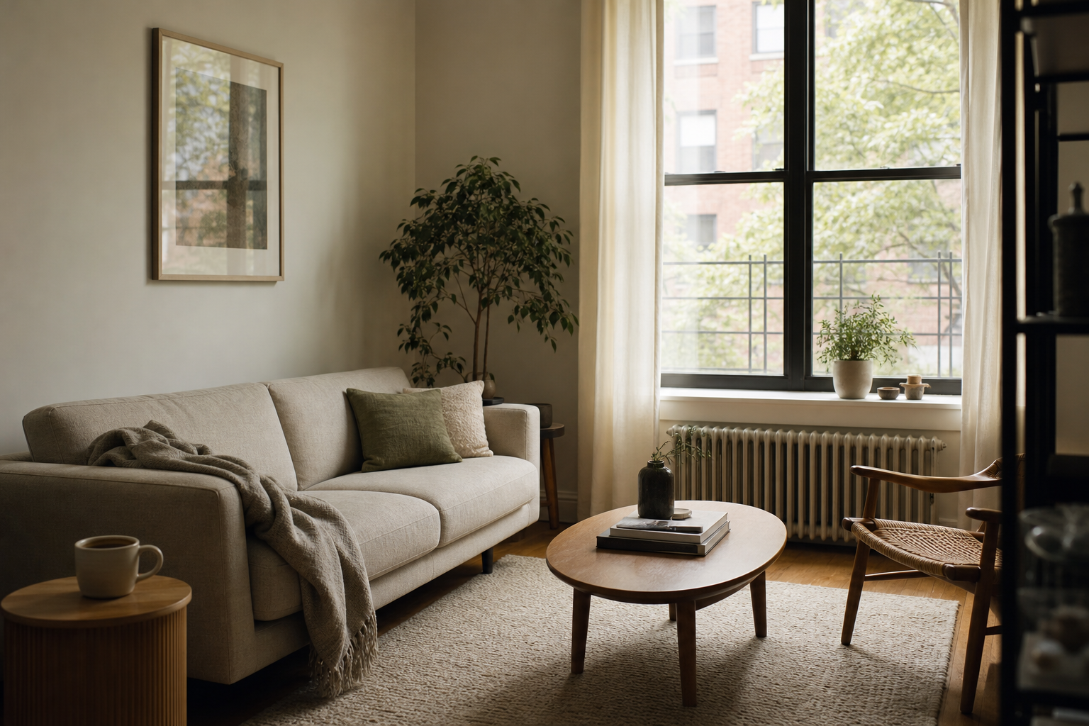 Simplified living room interior representing a smaller home after downsizing