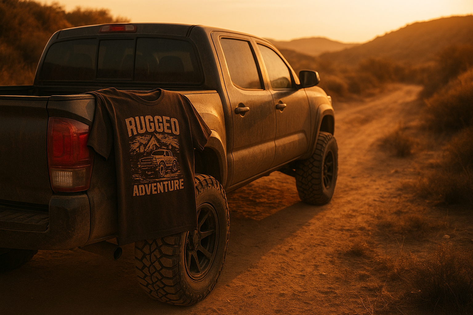 Off-road themed distinctive wearables displayed on a truck tailgate at sunset