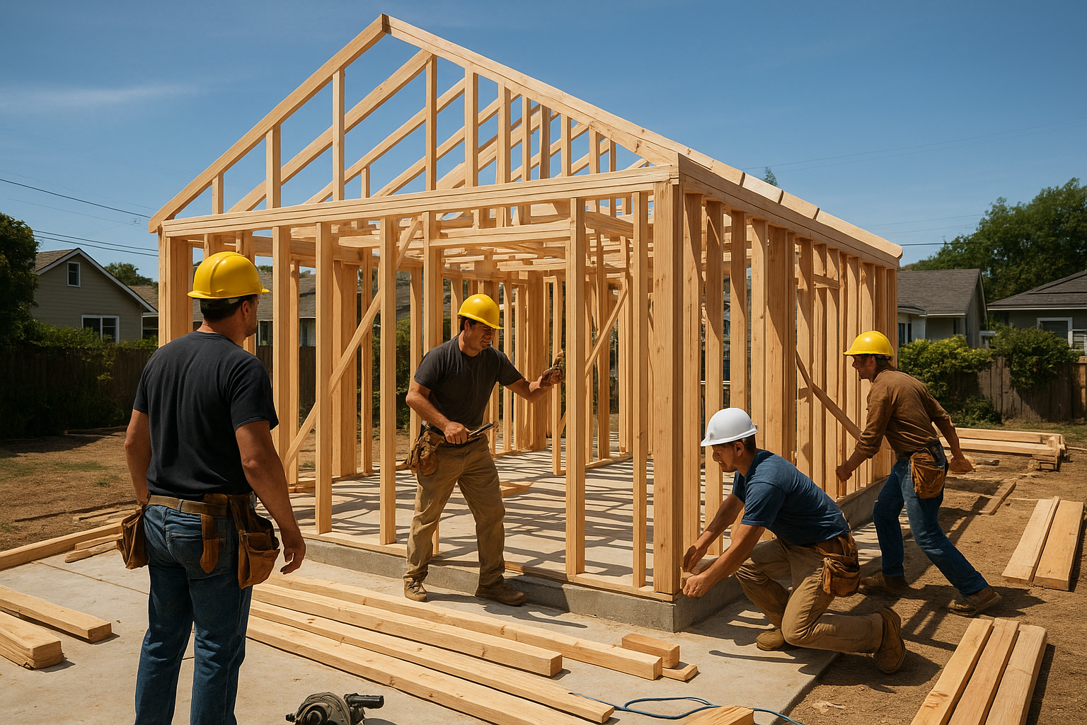 Construction crew framing a detached ADU installation on a residential property in Southern California