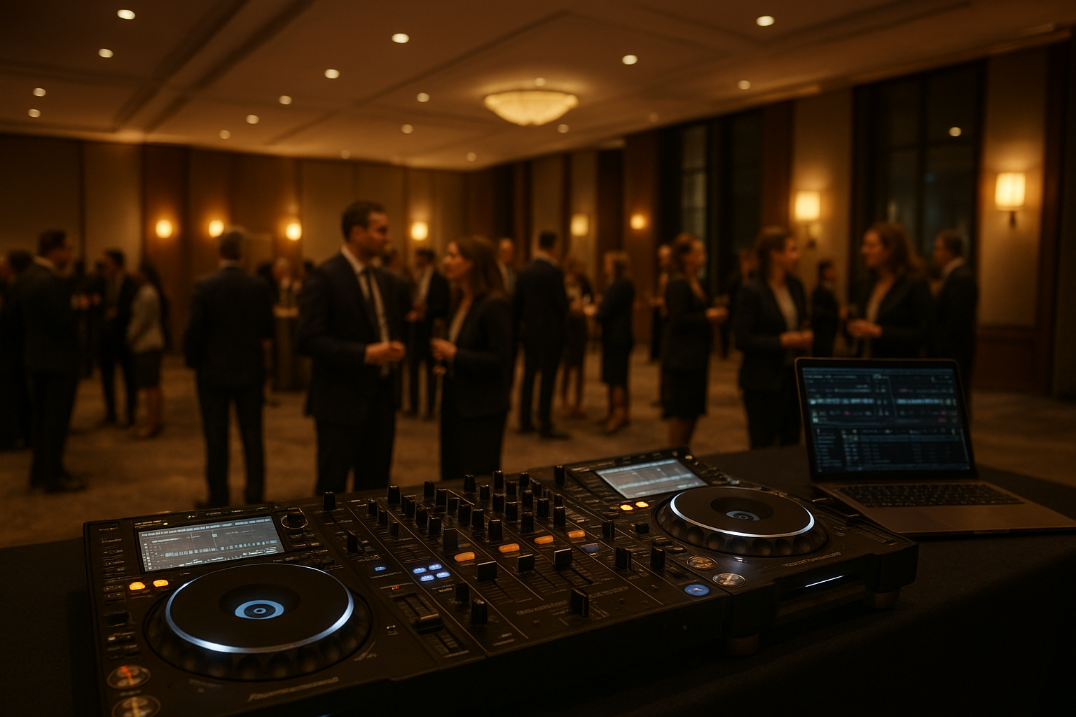 Corporate event DJ Indiana setup with mixing equipment inside a business ballroom