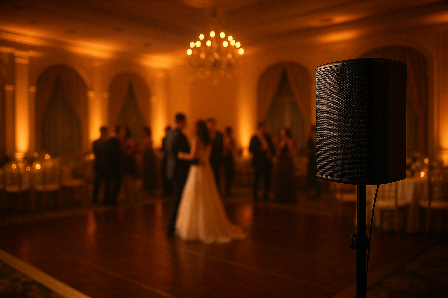 Compact event audio system set up at an indoor wedding reception with warm ambient lighting