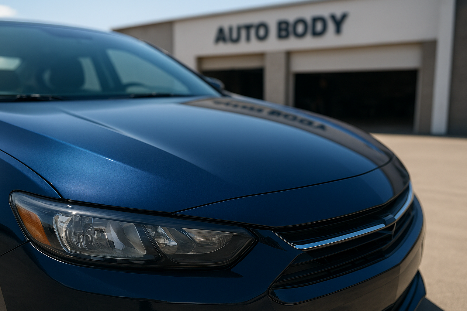 Freshly installed aftermarket hood panel with precise paint match on a dark blue vehicle after a professional repair