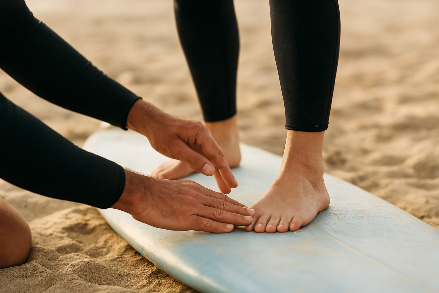 Surf instructor adjusting a student's stance on the sand before a Waikiki surf lesson