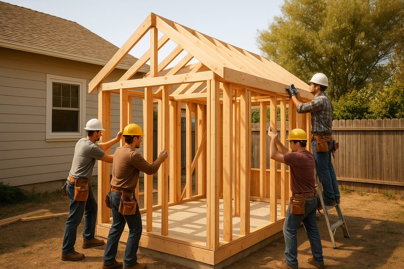 Contractors framing a backyard accessory dwelling unit during construction