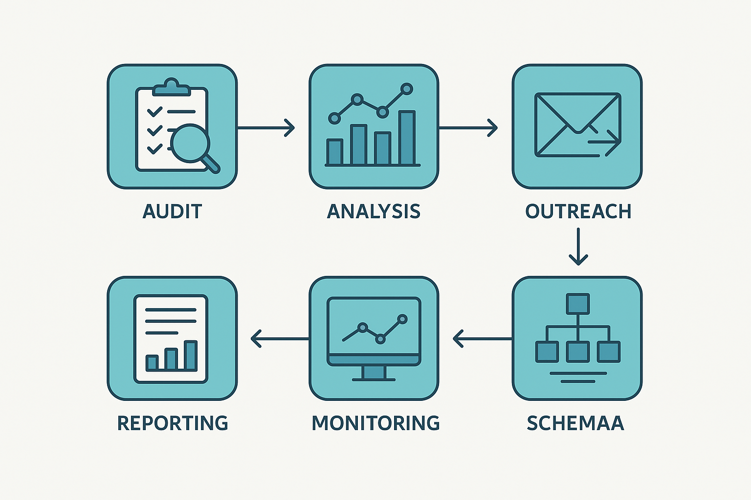 Six-step workflow diagram for automating backlink building strategies