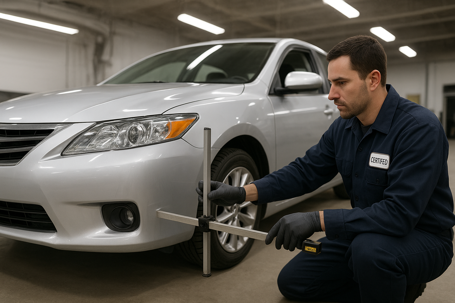 Technician measuring frame alignment during auto body repair for foreign vehicles Brea