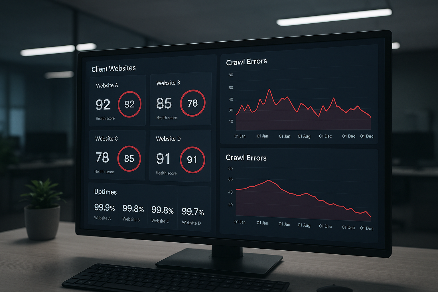 Agency technical SEO monitoring dashboard showing multiple client site health scores and crawl error trends