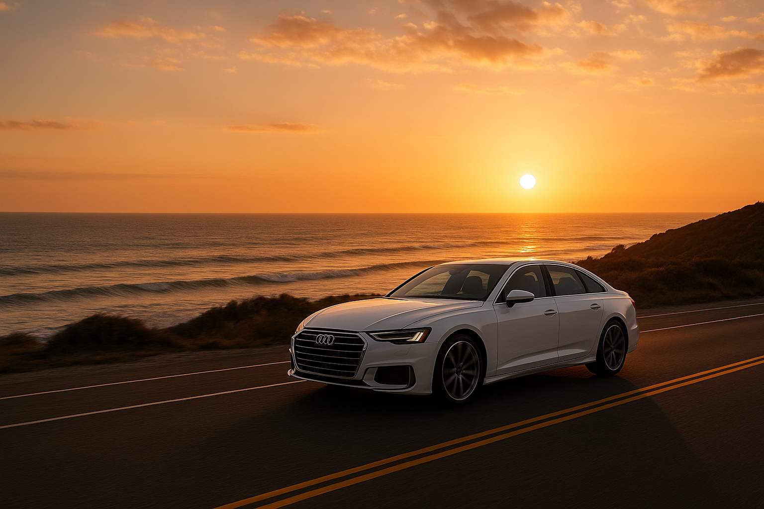 Luxury sedan driving toward Los Angeles International Airport along the Southern California coast