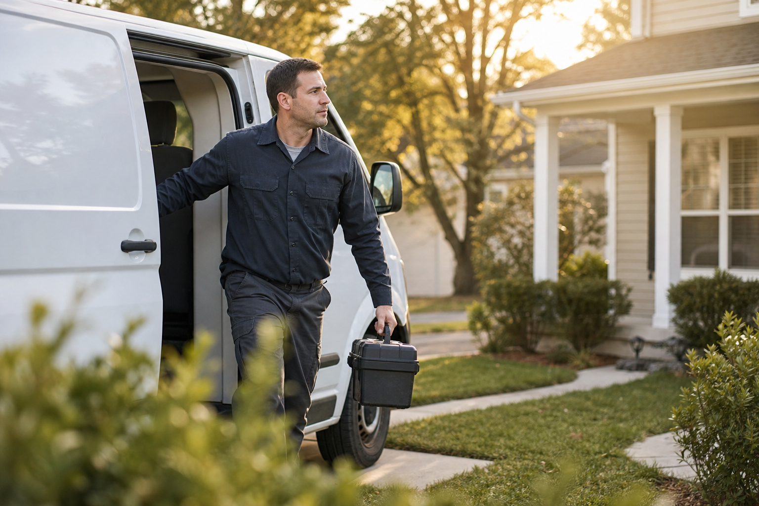 Home service technician arriving on time at a residential customer's house
