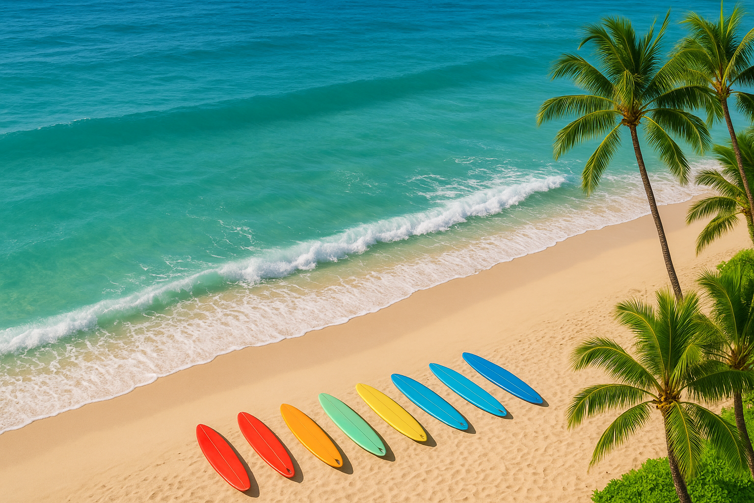 Aerial view of a Hawaiian beach with colorful surfboards lined up on the sand near the ocean