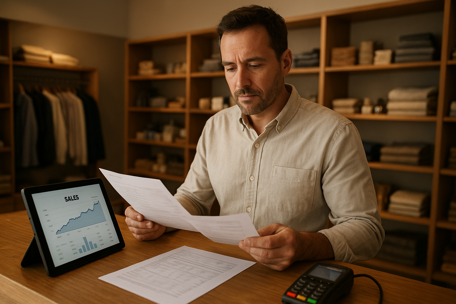 Retail store owner reviewing merchant cash advances for retail businesses on a tablet