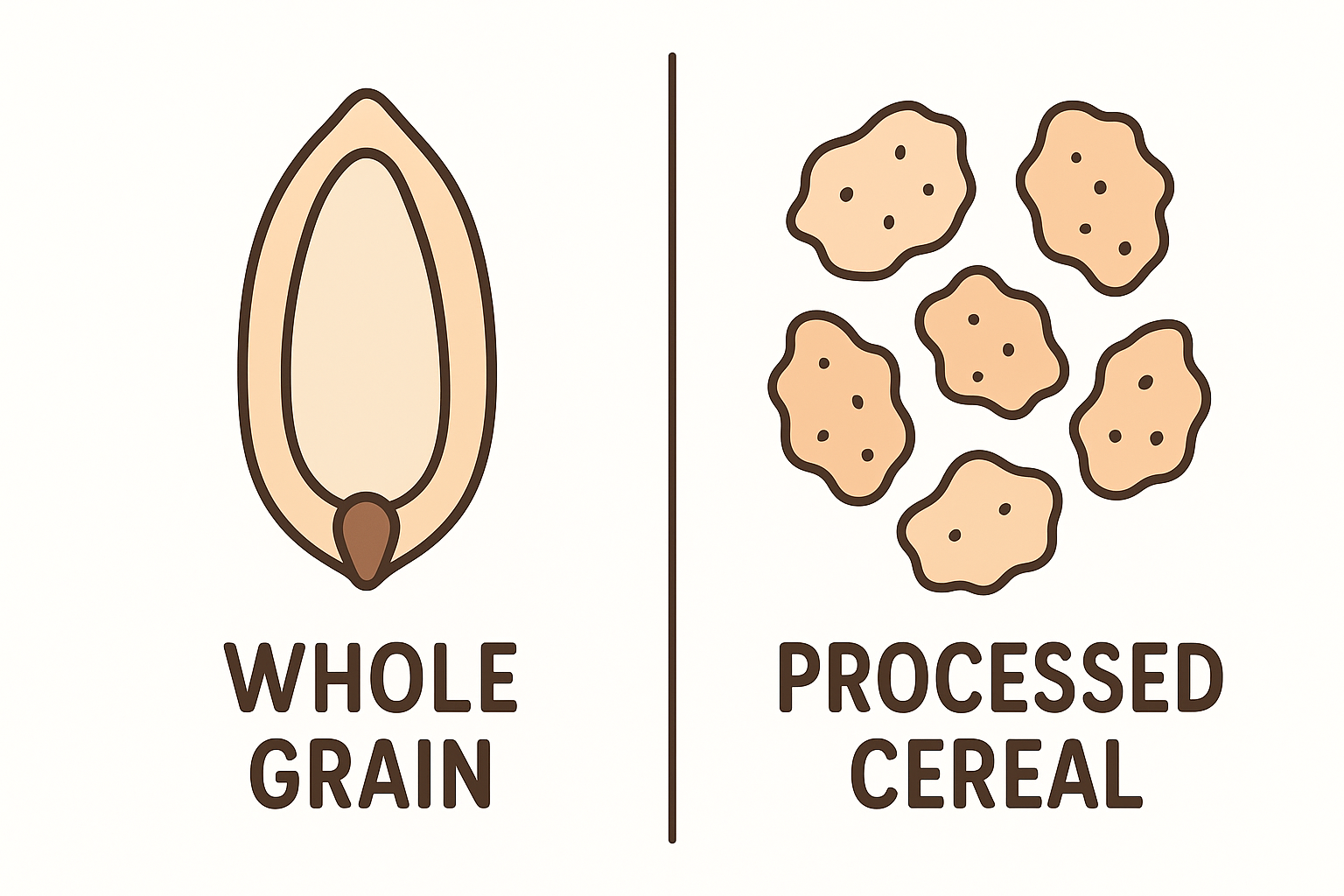 Diagram comparing a whole grain kernel to heavily processed cereal flakes