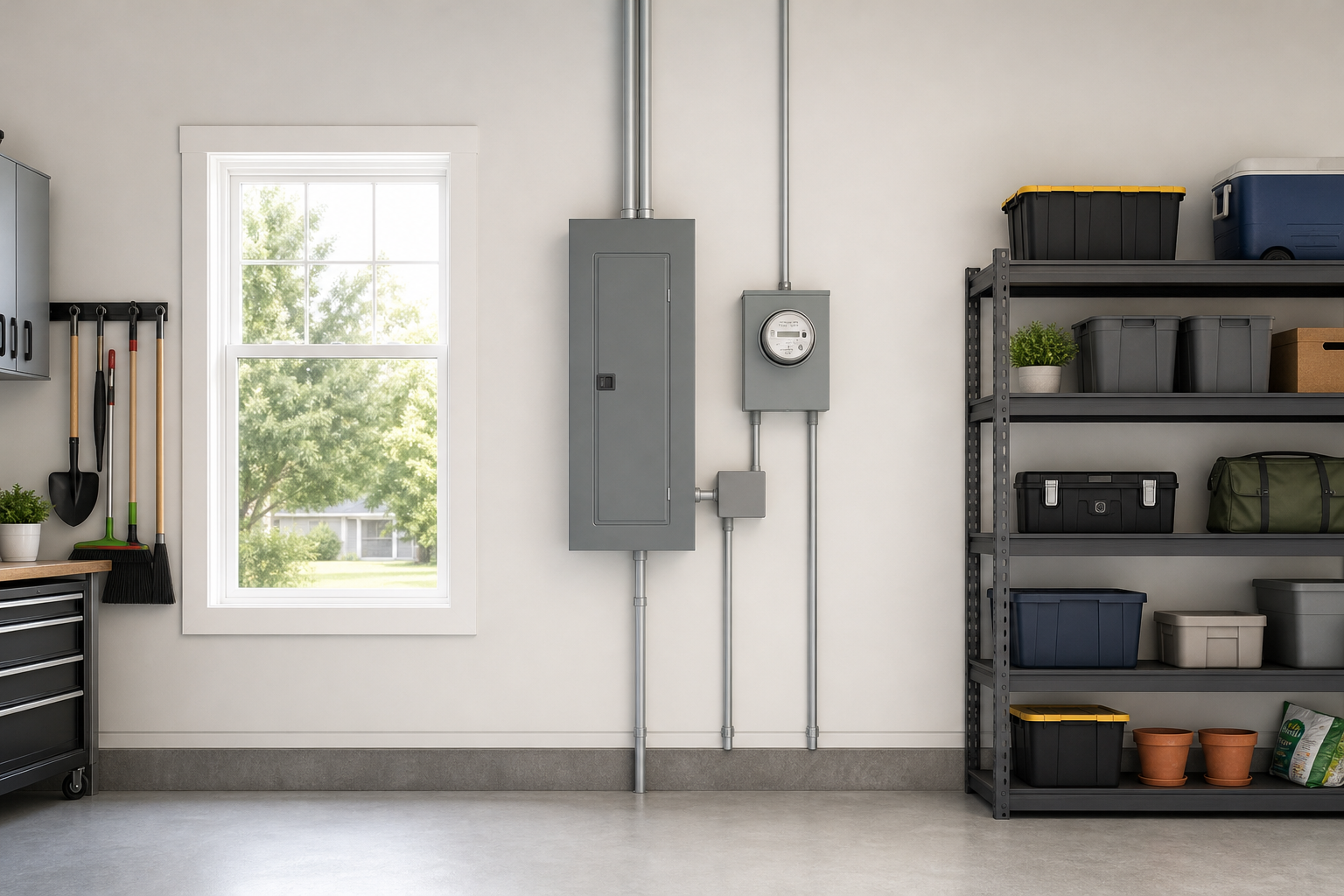 modern residential electrical panel mounted on a garage wall before an inspection