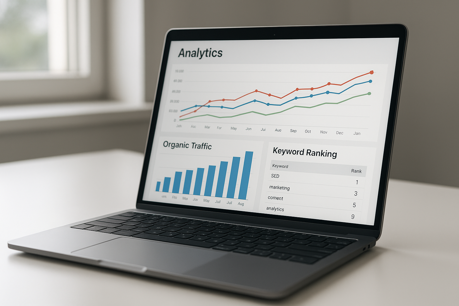 Laptop showing a search engine optimized website analytics dashboard with rising traffic graphs