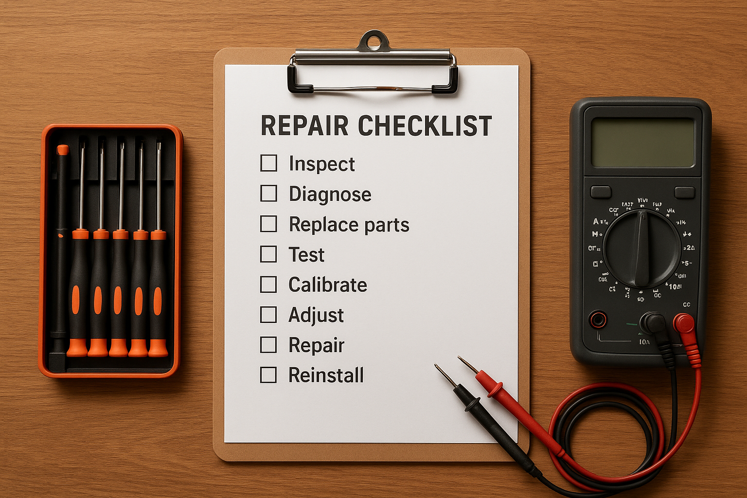 Diagnostic checklist and tools used for repairing several broken home appliances