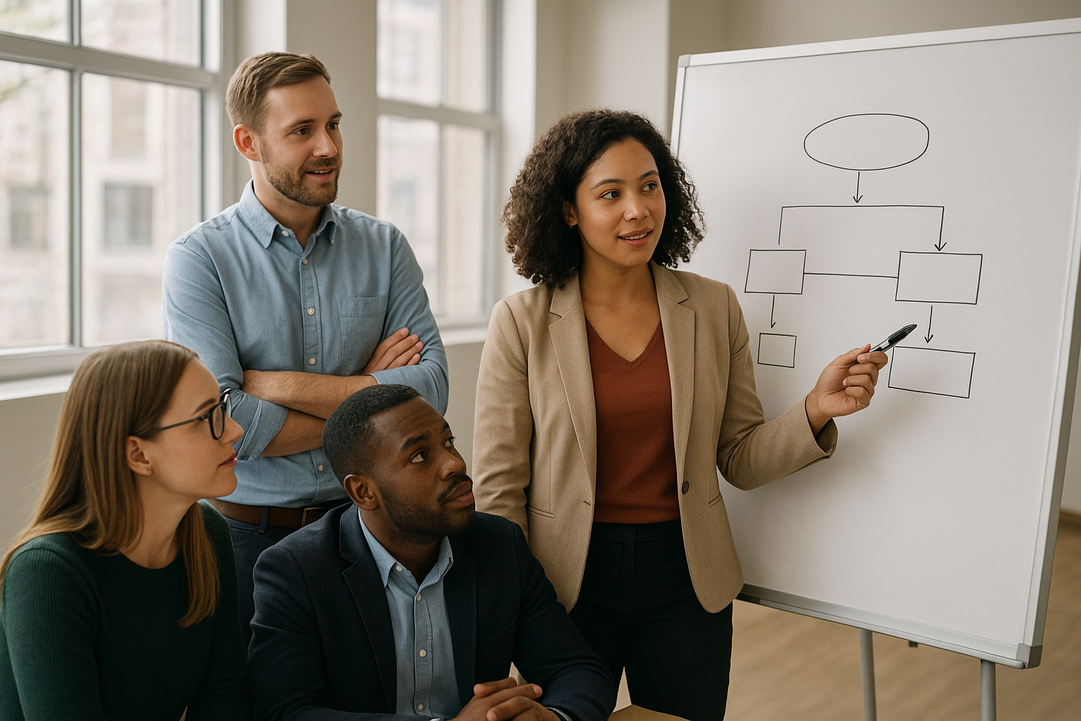 Team meeting where a manager reviews goals and expectations with employees