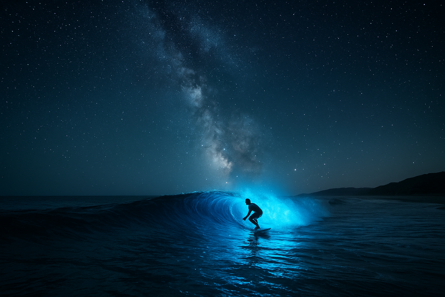 Star surfing at night with bioluminescent waves and the Milky Way overhead