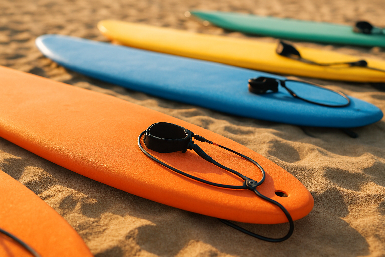Colorful foam surfboards lined up on a sandy beach ready for beginner surf lessons