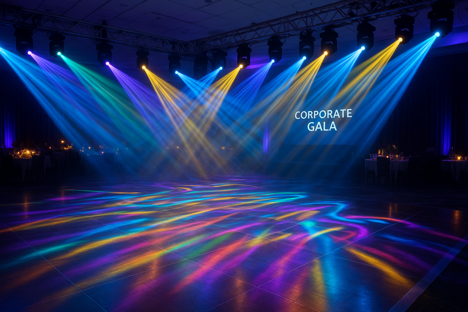 Dynamic lighting design illuminating a corporate gala dance floor